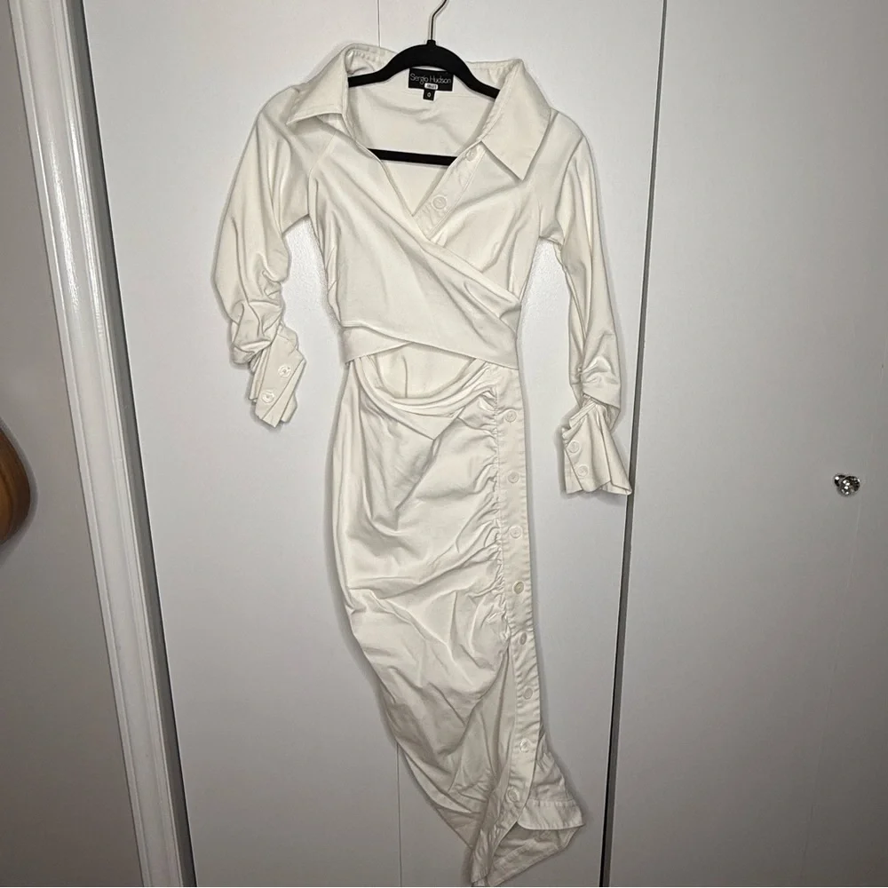 Sergio Hudson Asymmetric Cutout Ruched Cotton-blend Poplin Midi Wrap Dress Sz 0 - Picture 4 of 10